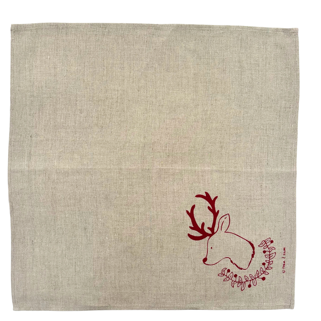 Christmas Deer and Garland Linen Napkins - Red (Set of 4)