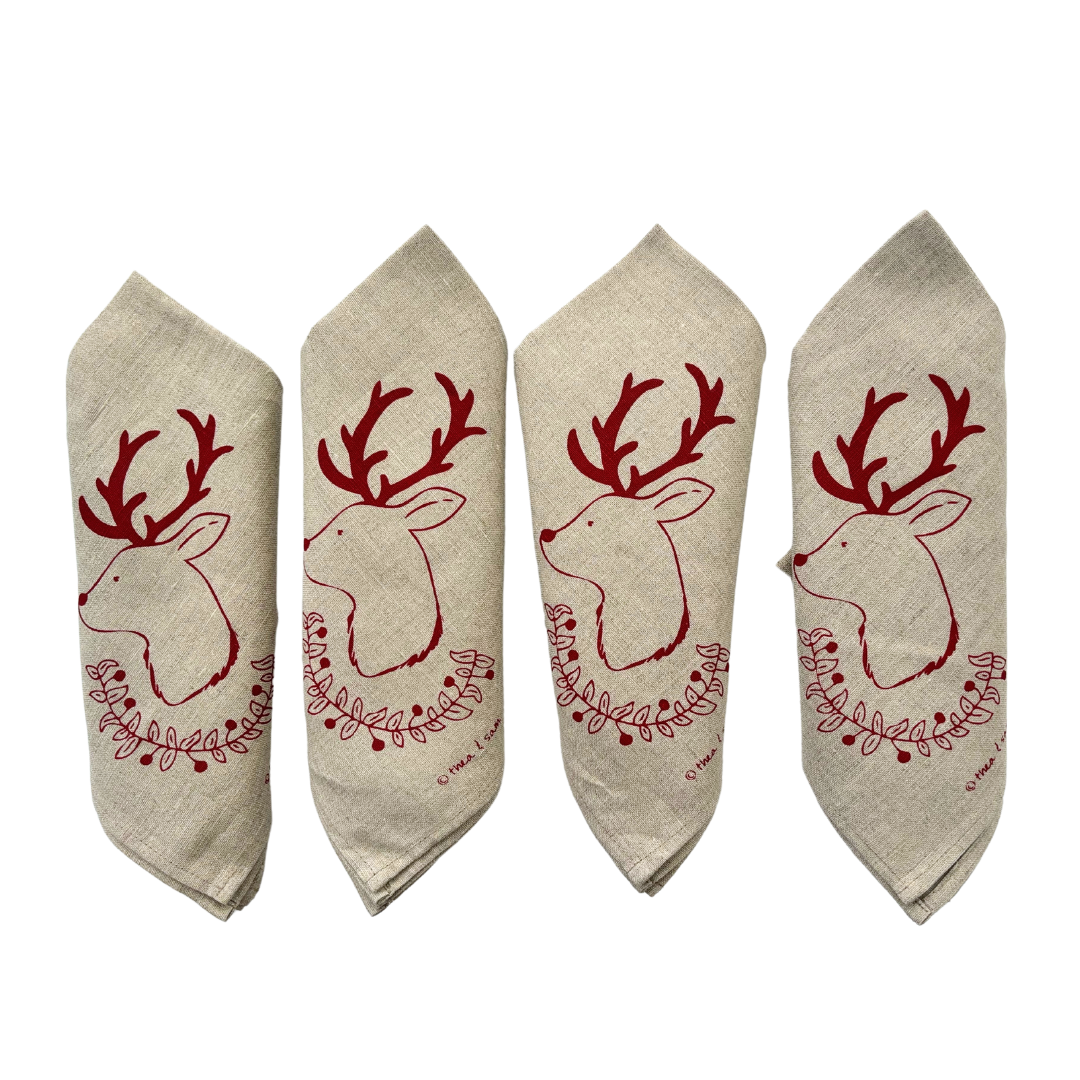 Christmas Deer and Garland Linen Napkins - Red (Set of 4)