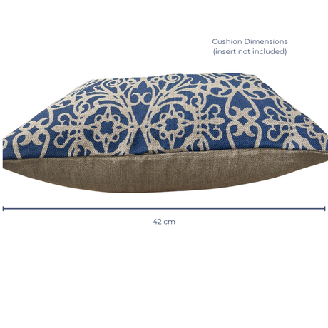 Fretwork Cushion Cover in Blue on Natural Linen