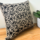 Fretwork Cushion Cover in Black on Natural Linen