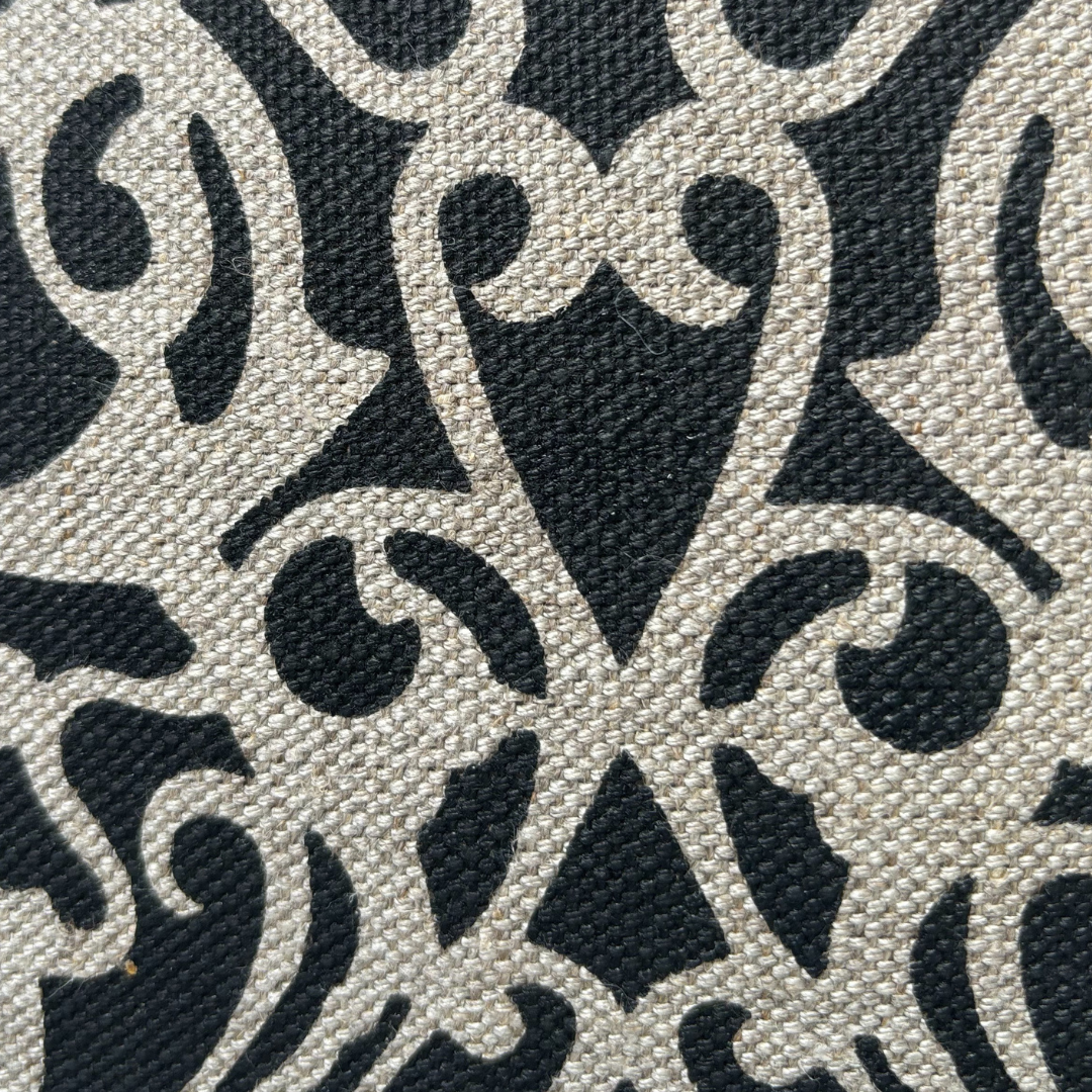 Fretwork Cushion Cover in Black on Natural Linen