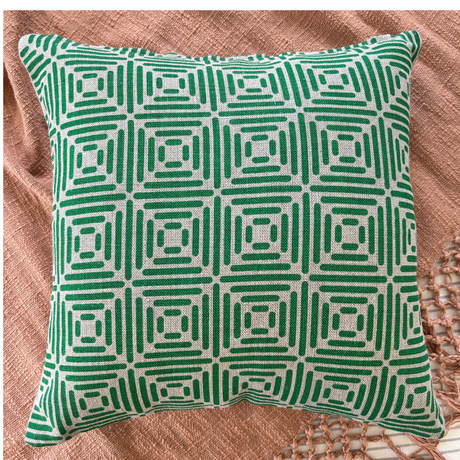 Diamond Cushion Cover Hand Printed in Emerald on Natural Linen