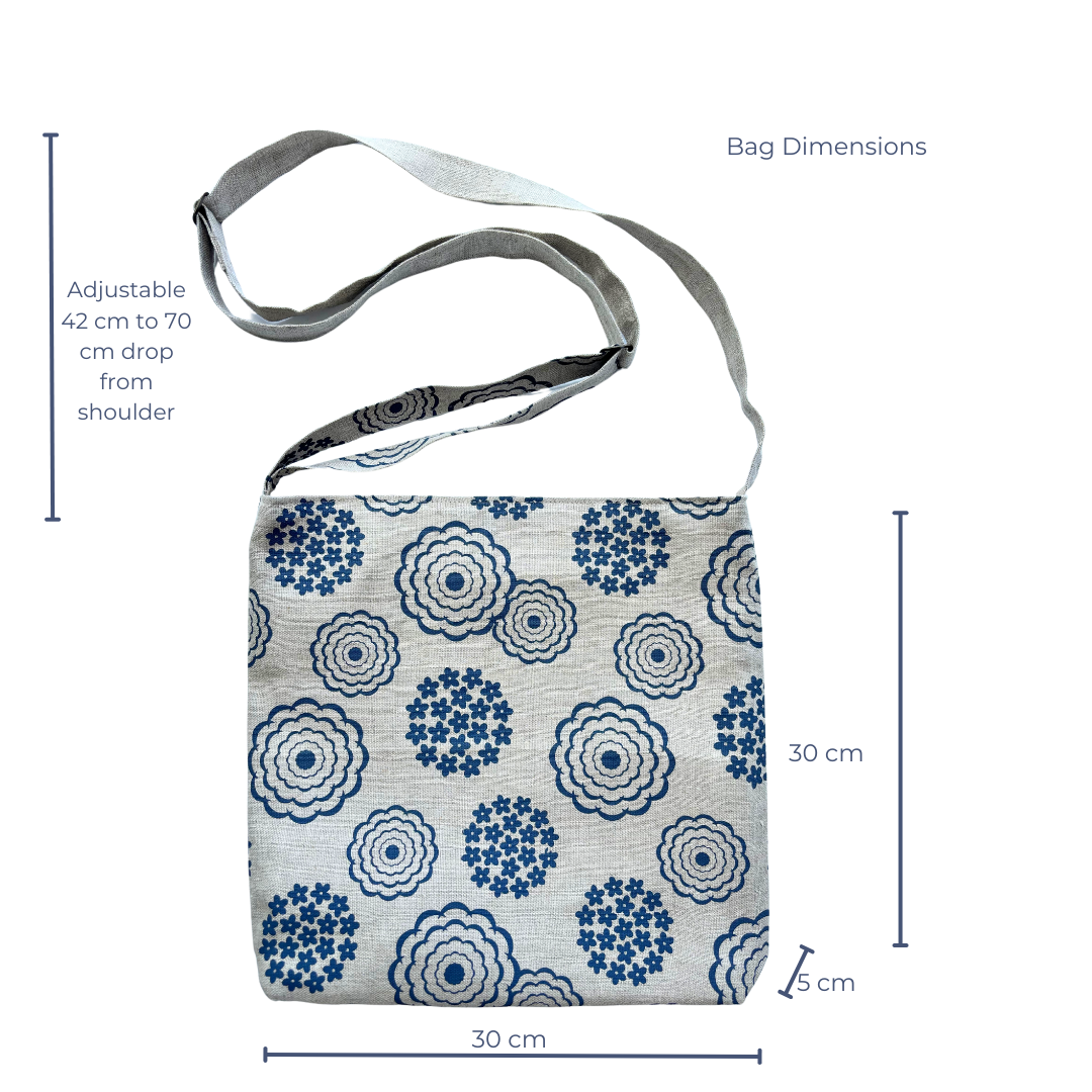 Cottage Garden Flower Print in Navy on Natural Linen - Cross Body Bag