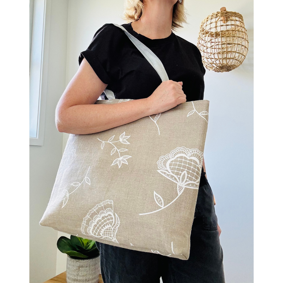 Handprinted Bohemian Blooms Extra Large Tote (Natural Linen)