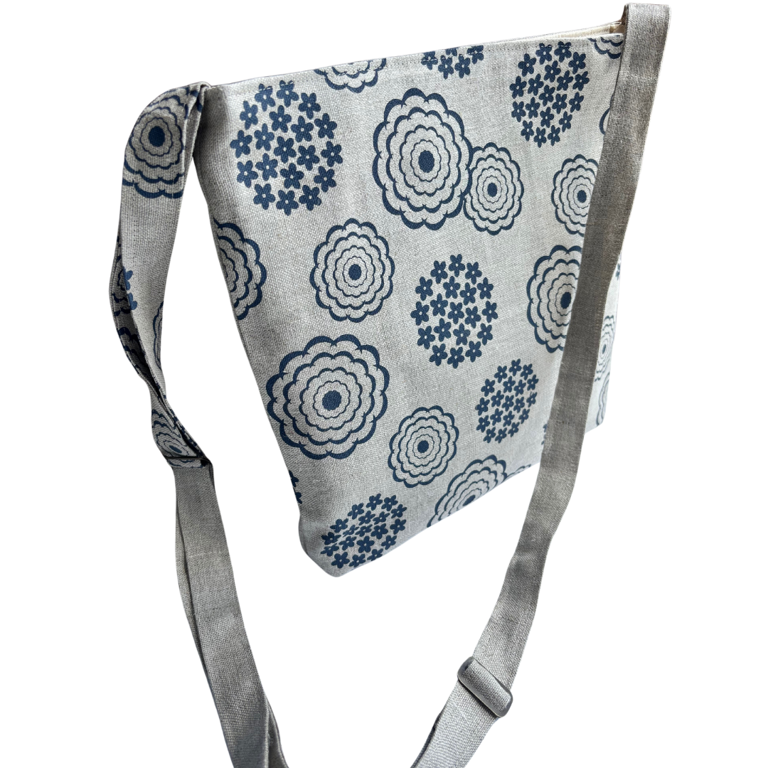 Cottage Garden Flower Print in Navy on Natural Linen - Cross Body Bag