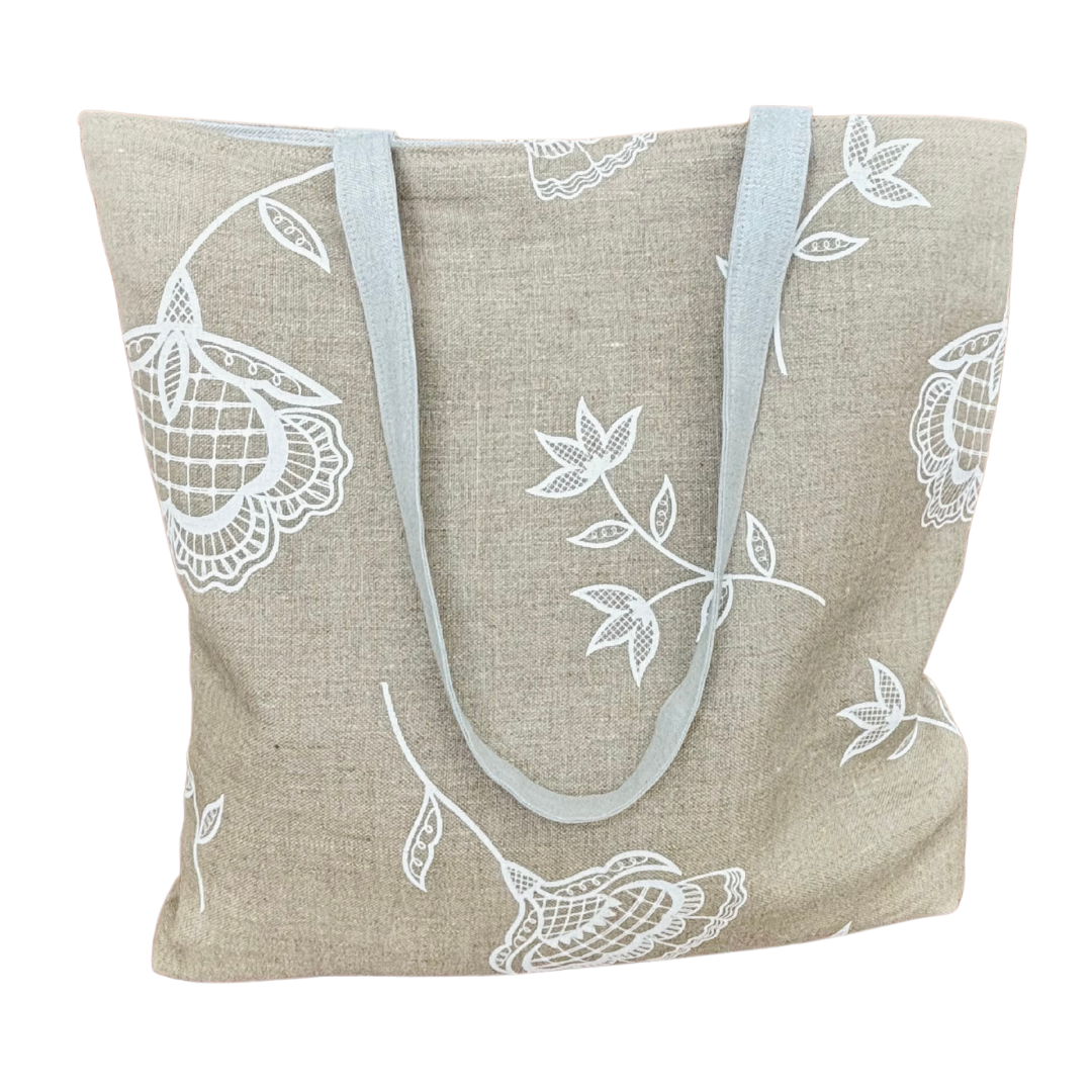 Handprinted Bohemian Blooms Extra Large Tote (Natural Linen)