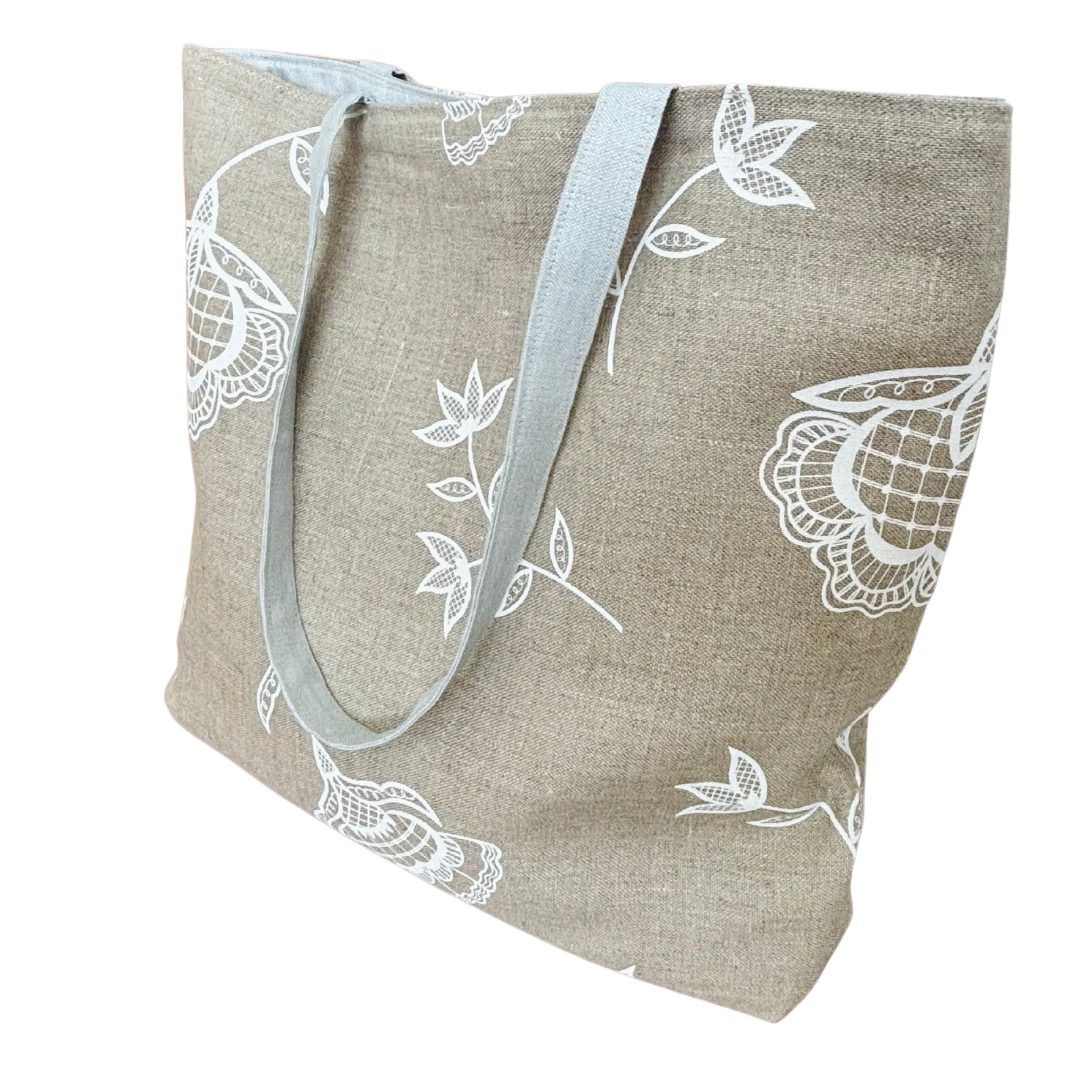 Handprinted Bohemian Blooms Extra Large Tote (Natural Linen)