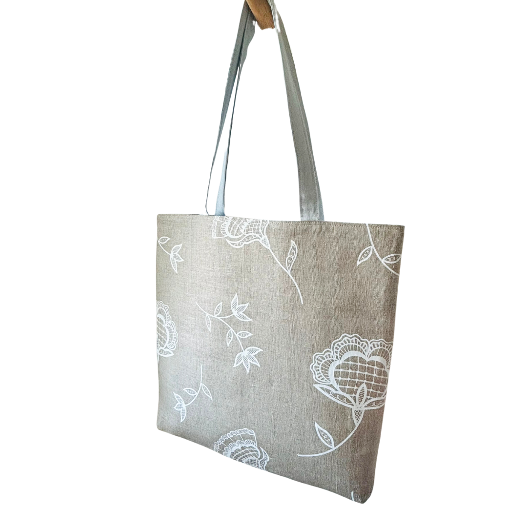 Handprinted Bohemian Blooms Extra Large Tote (Natural Linen)