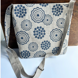 Cottage Garden Flower Print in Navy on Natural Linen - Cross Body Bag