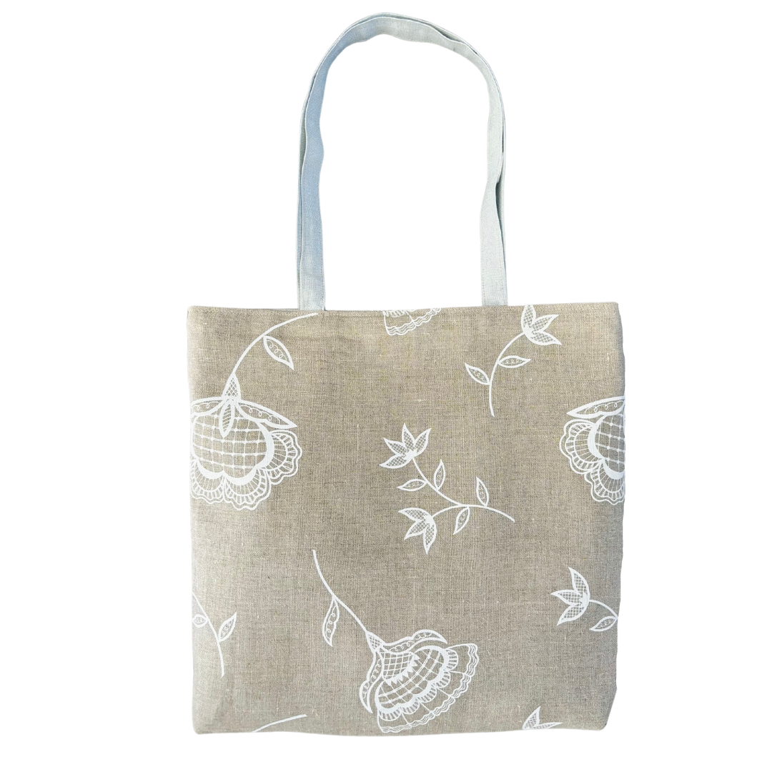 Handprinted Bohemian Blooms Extra Large Tote (Natural Linen)