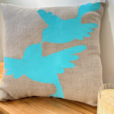 Dove Love Cushion Cover Hand Printed in Aqua on Natural Linen