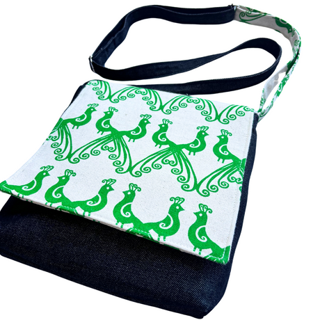 Peacocks in Green Cross Body Dark Denim Satchel