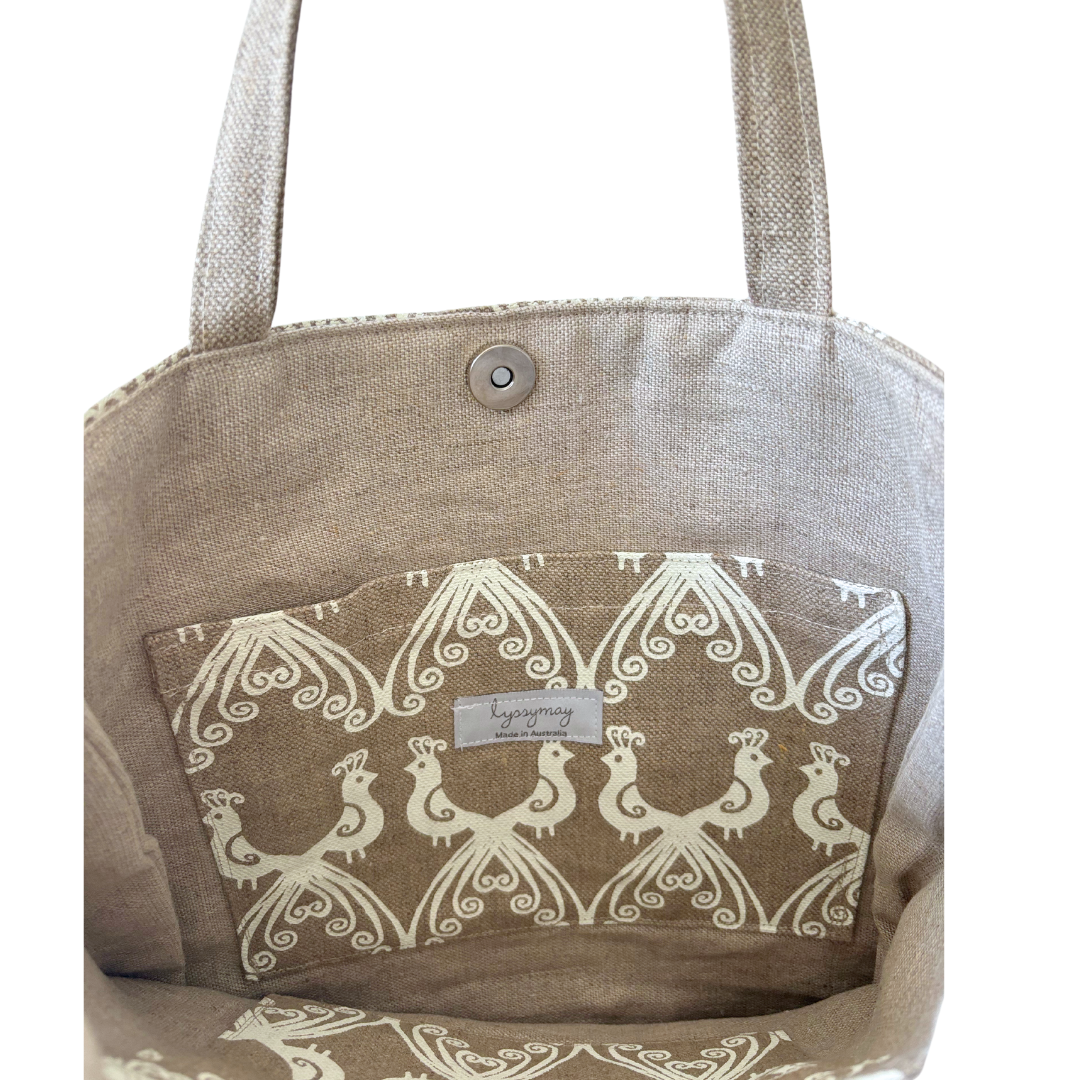 Peacocks Handprinted on Natural Linen - Shoulder Tote Bag