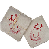 Christmas Deer and Garland Linen Napkins - Red (Set of 4)