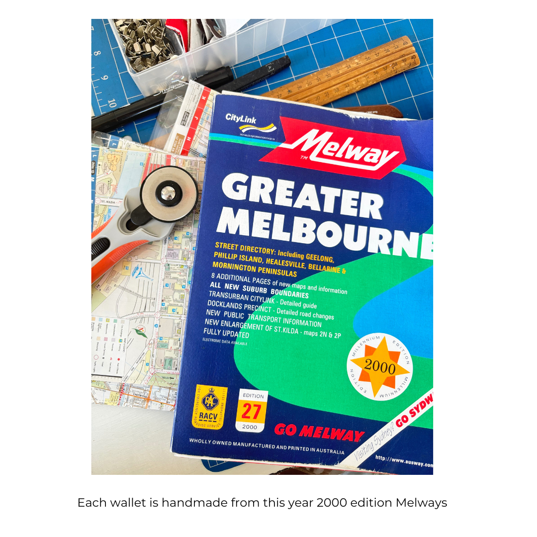 Handmade wallet by Lyssy May featuring pages of Melbourne street directory