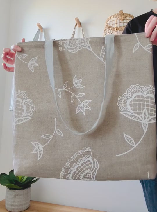 Handprinted Bohemian Blooms Extra Large Tote (Natural Linen)